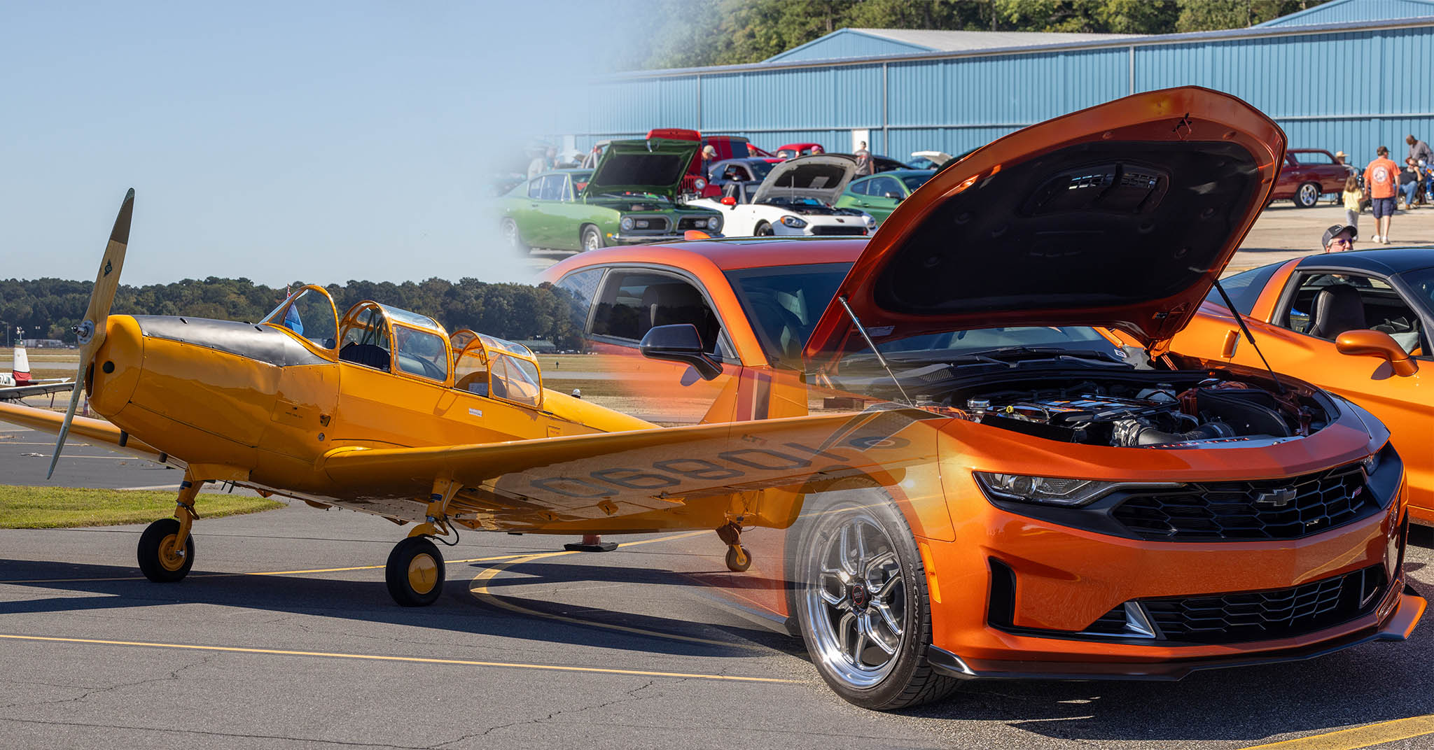 A yellow airplane facing to the left, fading into an orange Chevrolet Camaro facing to the right.